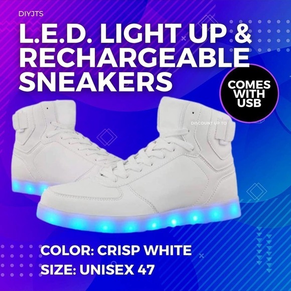 NWT Diyjts L.e.d. Rechargeable Light Up Sneakers In Crisp White - Unisex Size 47 - Picture 1 of 5